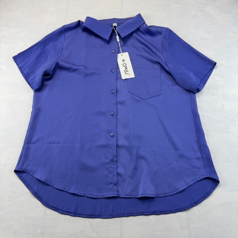 NWT OMSJ Shirt Womens L Blue Short Sleeve Chest Pocket High Low Hem Button Up